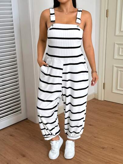 SHEIN EZwear Plus Size Black & White Stripe Elastic Fleece Bib Overalls Striped Jumpsuit,Back To School