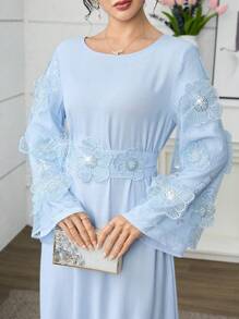 Yasmyna 圆领喇叭袖花卉阿拉伯风格长连衣裙，春夏 - 綠色 - 查看 1