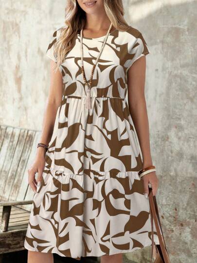 EMERY ROSE Geometric Print Short Sleeve Casual Round Neck Mini Dress For Women, Spring/Summer,Boho Clothes Women