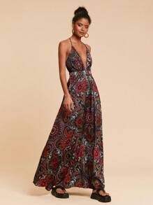 Travachic 深V領露背交叉佩斯利印花拖地吊帶洋裝 - 彩色 - 查看 4