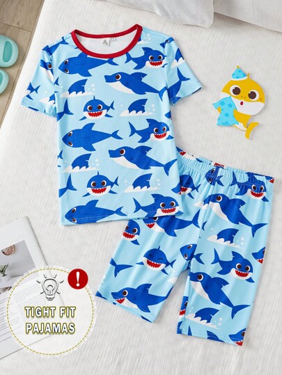 BABY SHARK X SHEIN Tween Boy Cartoon Wave & Shark Print High Elastic Ribbed Close-Fitting Pajama Set, Summer
