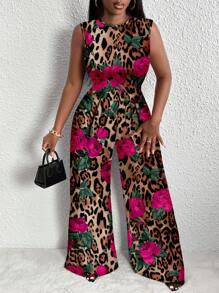 Slaydiva Plus Size Summer Casual Full Print Jumpsuit Suitable For Going Out Leopard Print - Hot Pink - View 5