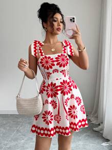 Elenzga 春夏新款时尚休闲度假系带设计花卉印花小众收腰无袖吊带连衣裙女 - 彩色 - 查看 6