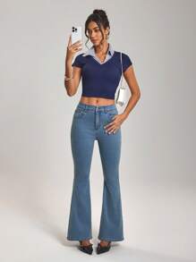 SHEIN Tall 女式宽松休闲百搭喇叭牛仔裤 - 藍色 - 查看 6