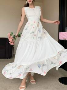 DAZY New Design Niche Mid-Length Lace Ditsy Floral Loose Dress For Women, Spring/Summer - Apricot - View 8