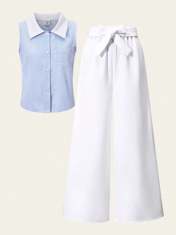 SHEIN Girls Polo Collar Sleeveless Shirt + Tie Waist Long Pants Casual Suit, T-Shirt Outfit For Collegiate Back To School Season 2025