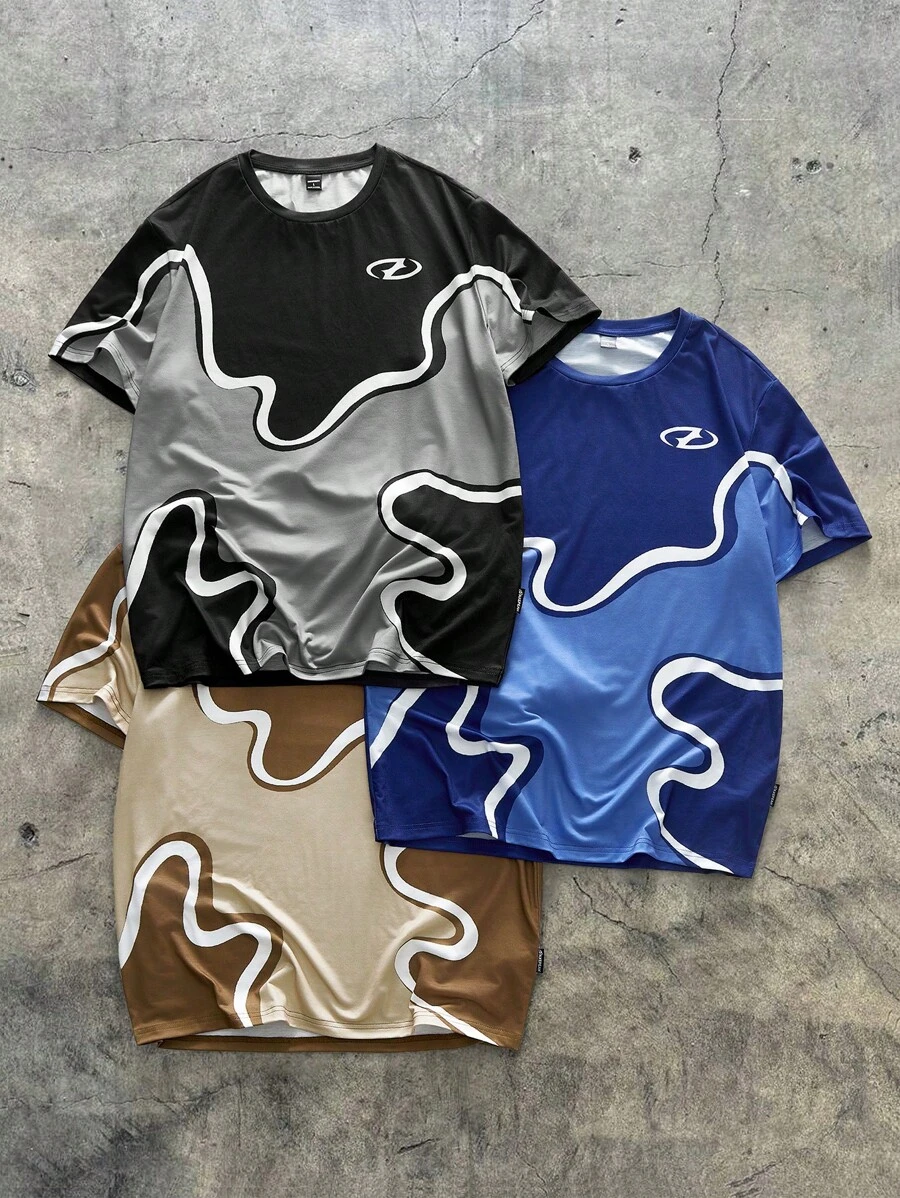 AXEPEAK 3件装男士宽松数码印花拼布圆领短袖T恤