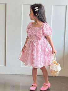 SHEIN Young Girl Square Neck Hollow-Out Loose Casual Dress - Pink - View 3