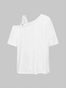 ROMWE Avant 音乐会女式不对称领口旗帜和爱心唇印休闲 T 恤，7 月 4 日 - 白色 - 查看 2