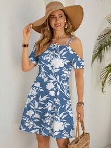 Shutterstock Glamance Elegantes minikleid mit blau-weißem Blumenmuster für den Sommerurlaub, Bürooutfit Damen, Ausgehoutfit, Business Lässig Damenoutfit für das Büro, Strandoutfit für Frauen - Blau-Weiß - Übersicht 4