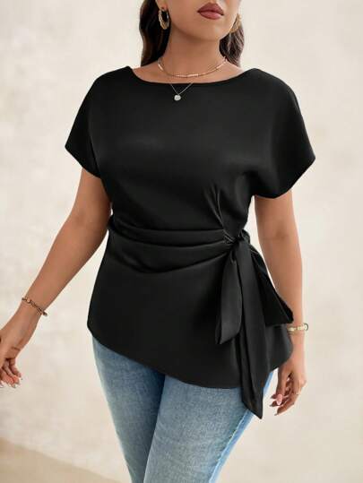 SHEIN Clasi Women Plus Size Summer Solid Color Round Neck Batwing Sleeve Tie-Waist Shirt,Business Casual Woman,Teacher Outfits For Women