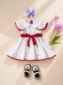 Souflis Souflis Baby Girl Cherry Peter Pan Collar Ruffled Trim Dress - White - View 1