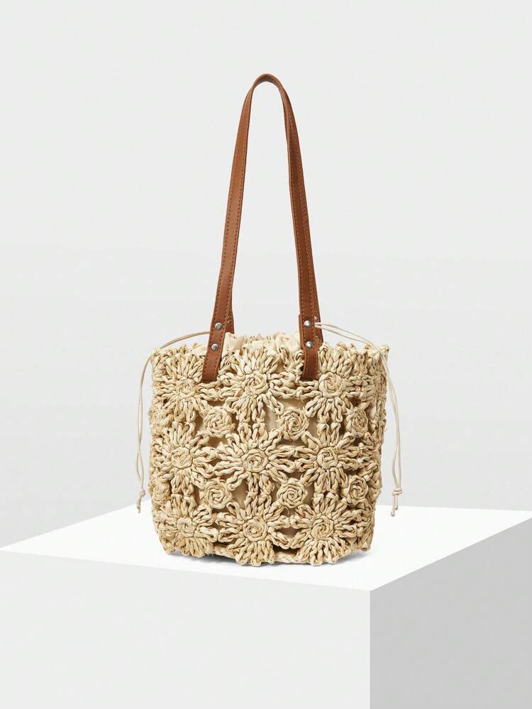 Borsa a spalla da vacanza con motivo floreale in paglia