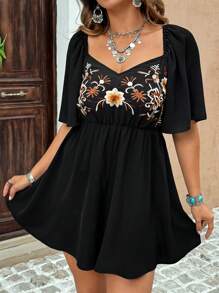 Breezaya Plus Size Retro Bohemian Style Ruffle Hem Embroidered Romper - Black - View 6