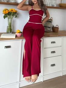 女士休闲性感高开叉连体裤家居服 - 酒紅色 - 查看 3