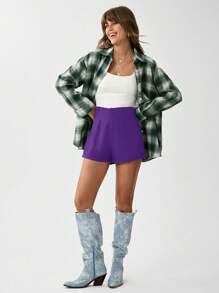 SHEIN LUNE Solid Roll Up Hem Shorts - Purple - View 3