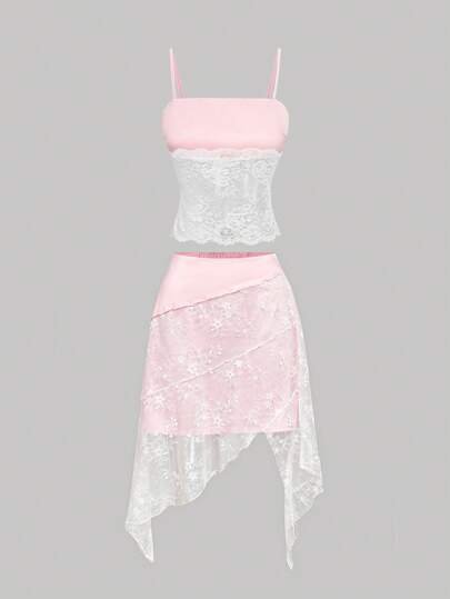 SHEIN MOD Women's Pink Lace Two Pieces Outfits For Daily Wear,Summer,Vacation Outfits Women,Concert Outfit Women,Western,Vacation,Casual,Party,Tea Party,Going Out Dress,Women Dresses Prom,Wedding Set,Elegant,Fairycore