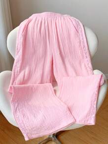 Comfortcana Celana Panjang Wanita Kasual Warna Pink dengan Motif Renda dan Potongan Lebar, Musim Panas - Baby Pink - View 4