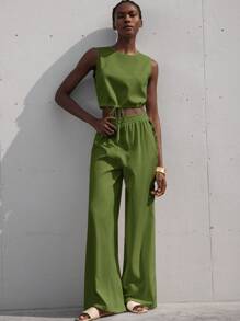 Aveloria Modichic 全新法式时尚度假简约优雅品质女装纯色几何刺绣镂空圆领无袖抽绳短款上衣和阔腿裤两件套