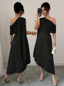 Rafferiza 女士优雅雪纺垂坠单肩亮面褶皱长裙，春夏