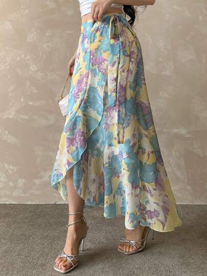 DAZY Falda midi elegante de mujer con estampado floral de gasa y volantes, adecuada para el verano, la vuelta al colegio, las vacaciones y la Pascua