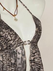 SHEIN ICON Vintage Leopard Print V-Neck Backless Halter Tank Top With Slit Hem - Multicolor - View 4