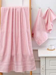SHEIN Set de 3 piezas de toallas suaves y absorbentes de unicolor moderno: 1 toalla de mano, 1 toalla de baño, 1 toalla de baño, decoración de baño unisex para el verano - Rosa - Ver 3