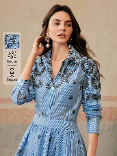 Anewsta 全新优雅现代刺绣镂空女式衬衫上衣