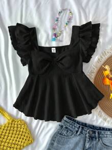 SHEIN 少女休闲舒适荷叶边袖提花针织T恤，甜美风格，适合居家、聚会、情人节穿着