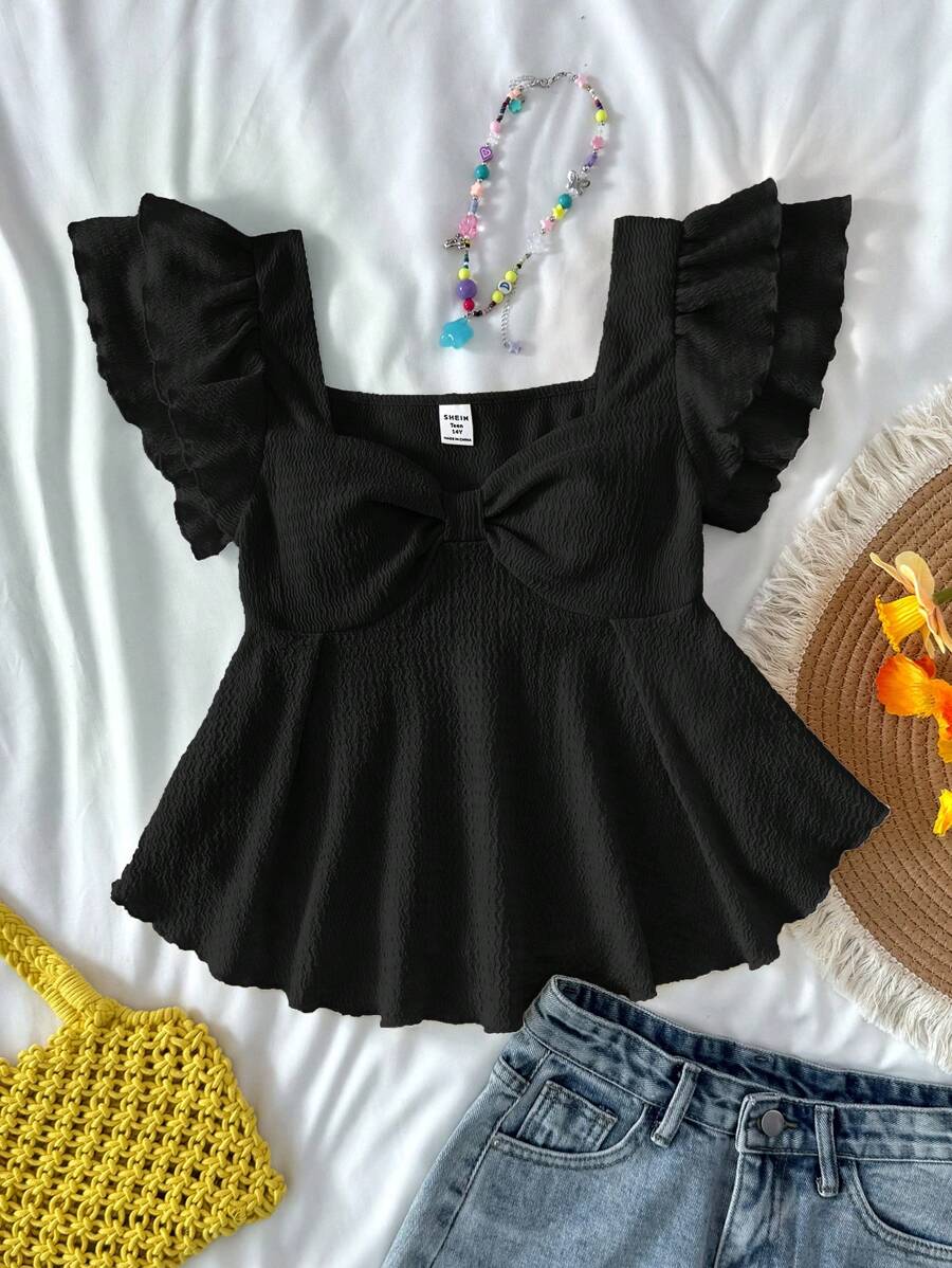 SHEIN 少女休闲舒适荷叶边袖提花针织T恤，甜美风格，适合居家、聚会、情人节穿着