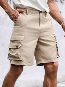 Manfinity Homme Men's Solid Color Utility Pocket Relaxed Casual Shorts Men Shorts Cargo - Khaki - View 3