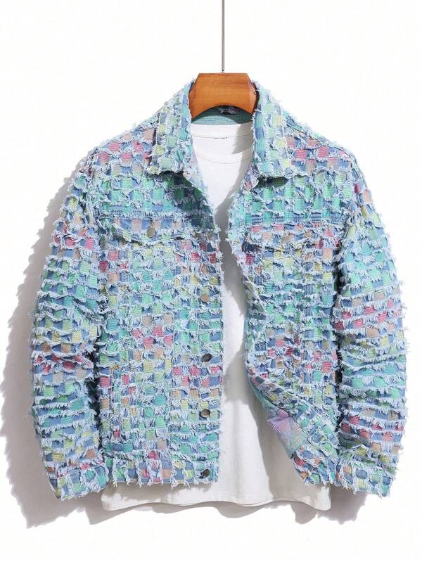 Manfinity LEGND Plus Size Men's Denim Checker Pattern Lapel Single-Breasted Frayed Edge Casual Jacket