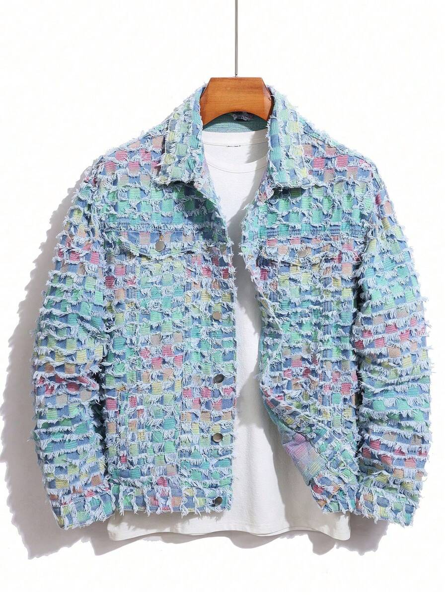 Manfinity Hypemode Plus Size Men's Denim Checker Pattern Lapel Single-Breasted Frayed Edge Casual Jacket - Light Wash - View 1
