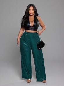 Flirla Plus Size Women Elegant Shiny Sequin Elastic Waist Romantic Party Holiday Fashion Design Pants For Valentine's Day Fall Cloth For Women