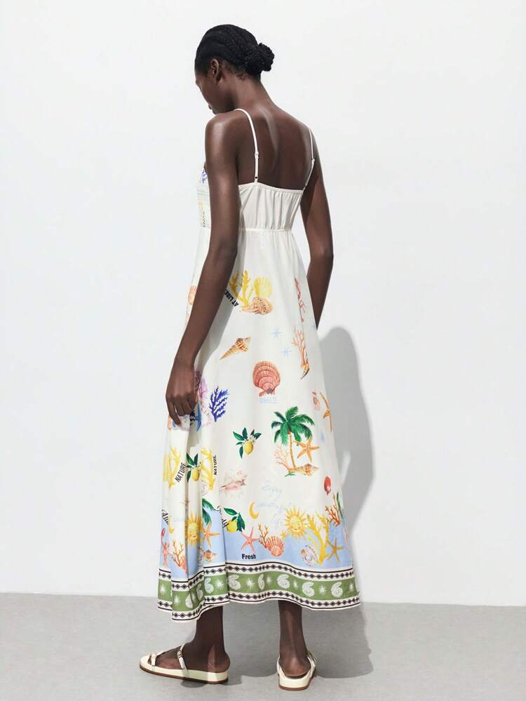 SHEIN Maija Damen Kleid mit Ozean-Element Muster, ärmelos, locker geschnittene A-Linie, bequemer lässiger Resort-Stil, geeignet für Land, Boho, Strand, Festival, Allround, Herbst