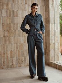 MOTF PREMIUM BUTTON UP PEPLUM TOP & SLANT POCKET JEANS DENIM SET - Blue - View 5