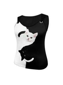 SHEIN 大码女式休闲拼色猫咪印花背心，夏季