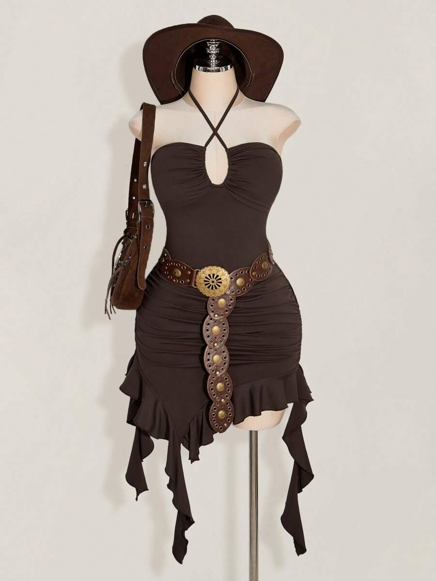 SHEIN ICON 加大码 Y2K 复古波西米亚风棕色不对称下摆荷叶边交叉挂脖修身连衣裙、西部风、节日装 - 棕色 - 查看 1