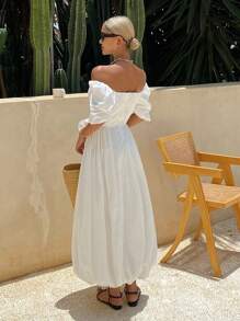 Livesso 纯色露肩束腰蝴蝶结碎花连衣裙，优雅的秋季度假装 - 白色 - 查看 2