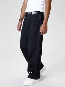 Chillumni Men's Solid Color Loose Utility Cargo Style Casual Baggy Jeans, Summer - Black - View 5