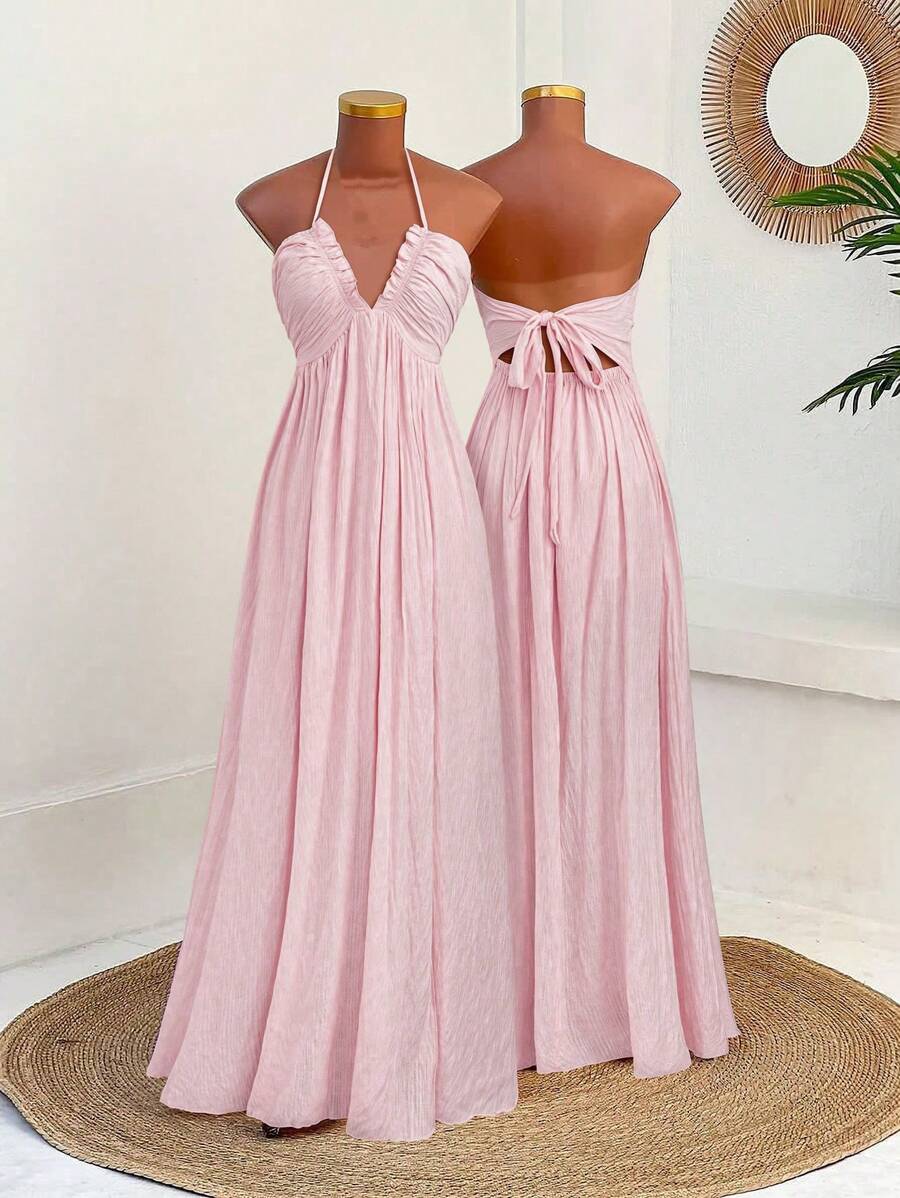 Sweetra Summer New Elegant Vacation Sundress, Sexy Beach Holiday Deep V-Neck Ruffle Strap Dress, Textured Fabric, Waist Cinched, Slimming - Pink - View 1