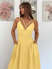 Siren Gaze 女式纯色交叉设计荷叶边优雅连衣裙 - 黃色 - 查看 2