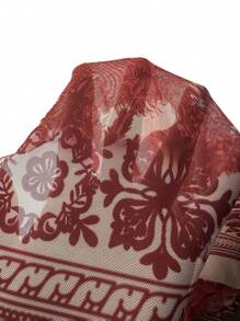 Slaydiva 2025年夏季新款蕾丝音乐节复活节西部波西米亚风优雅派对性感海滩泳池日光浴病毒式热门假日泳衣罩衫热带红色印花 - 紅色 - 查看 7