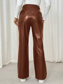 SHEIN LUNE Women Solid Color Leather-Look Regular Long Pants - Brown - View 2
