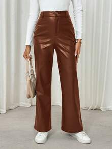SHEIN LUNE Women Solid Color Leather-Look Regular Long Pants - Brown - View 4