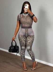 Slaydiva 2025 Quần bó nữ phong cách Punk cổ đứng tay ngắn, họa tiết denim toàn thân, họa tiết Baroque, lưới, giản dị, gợi cảm, phong cách đường phố mùa hè mới 2025-B - Nhiều màu - Xem 6