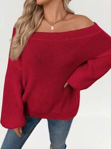 SHEIN LUNE 圣诞节女装 1 件女式露肩灯笼袖保暖毛衣，秋冬季圣诞毛衣，适合圣诞派对，长袖上衣 - 酒紅色 - 查看 2