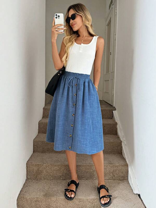Easowa Women Blue Denim Effect A-Line Skirt, Loose Fit, For Autumn