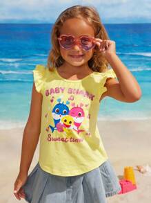 BABY SHARK X SHEIN Young Girl Cartoon Cute Shark Print Ruffle Top - Yellow - View 2