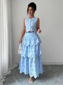 SHEIN Clasi Bộ 2 món thêu & đính chi tiết cho nữ, áo không tay & chân váy, mùa hè - Màu xanh nhạt - Xem 3